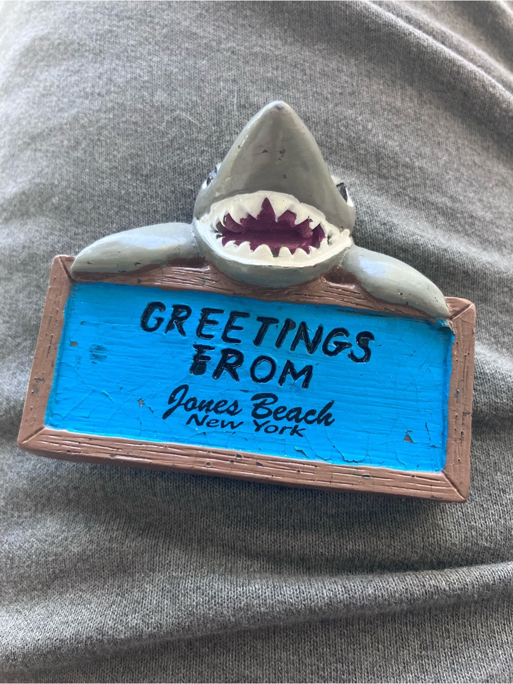 Shark 'Greetings From Jones Beach, New York' fridge magnet- vintage 60s rare